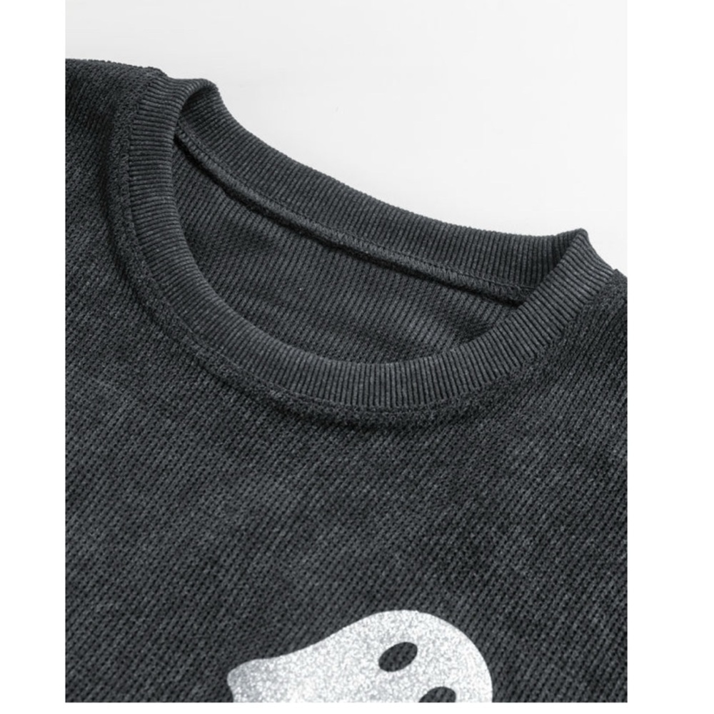Shiny Ghost Print Ribbed Black Sweatshirt - Picture 5 of 5